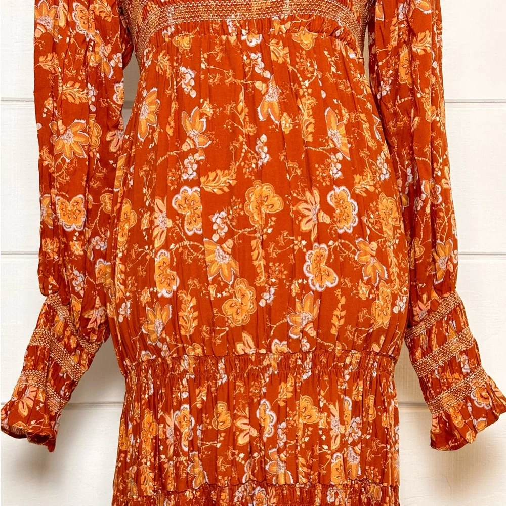 Free People NWT Sweet Escape Long Sleeve Dress Smocked in Mocha Floral Sz Small - Picture 4 of 13